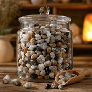 Agate Dendrite Tumbled Stones in a glass apothecary jar with a scoop