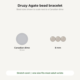 Druzy Agate bead bracelet bead sizes shown to scale next to a Canadian dime