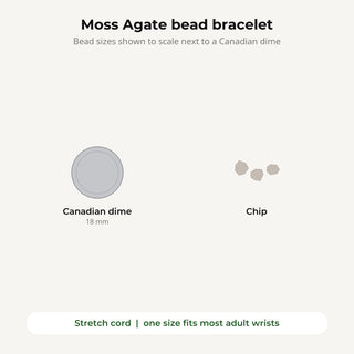 Moss Agate bead bracelet bead sizes shown to scale next to a Canadian dime