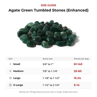 Agate Green Tumbled Stones (Enhanced) size guide: stone size and number of stones per bag