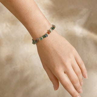 Indian Agate bead bracelet worn on the wrist, close-up
