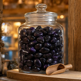Agate Purple Tumbled Stones (Enhanced) in a glass apothecary jar with a scoop