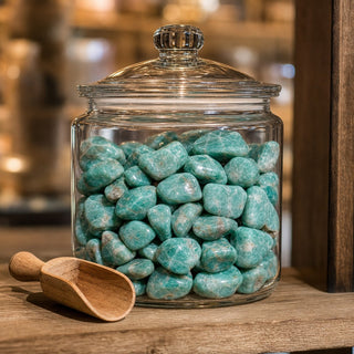 Amazonite A Tumbled Stones - Brazil in a glass apothecary jar with a scoop