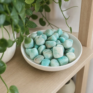 Amazonite A Tumbled Stones - India in a stoneware dish on a shop shelf
