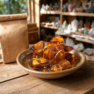 Amber Baltic E Tumbled Stones in a ceramic bowl on a shop counter