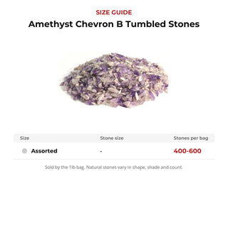 Amethyst Chevron B Tumbled Stones size guide: stone size and number of stones per bag
