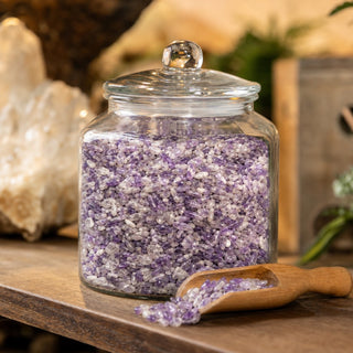 Amethyst Chevron B Tumbled Stones in a glass apothecary jar with a scoop
