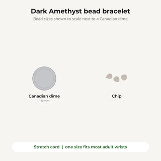 Dark Amethyst bead bracelet bead sizes shown to scale next to a Canadian dime