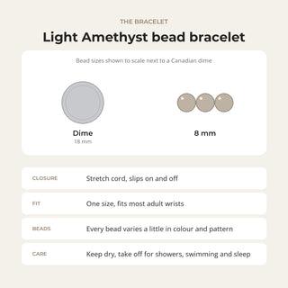 Light Amethyst bead bracelet card: bead sizes shown next to a Canadian dime, closure, fit and care