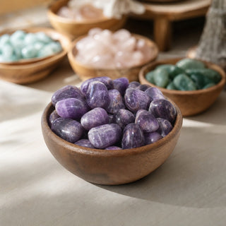 Amethyst Tumbled Stones - India in a wooden bowl on a boutique display table