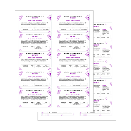 Free printable amethyst stone meaning card, front and back