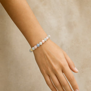 Aquamarine & Morganite bead bracelet worn on the wrist, close-up
