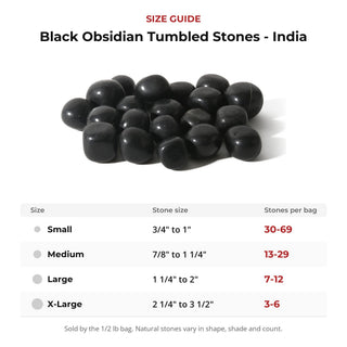 Black Obsidian Tumbled Stones - India size guide: stone size and number of stones per bag