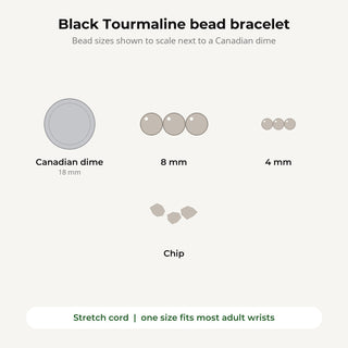 Black Tourmaline bead bracelet bead sizes shown to scale next to a Canadian dime