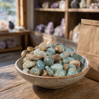 Blue Onyx A Tumbled Stones in a ceramic bowl on a shop counter
