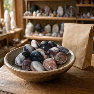 Botswana Agate E Tumbled Stones in a ceramic bowl on a shop counter