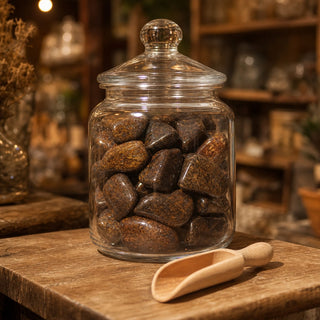 Bronzite Tumbled Stone in a glass apothecary jar with a scoop