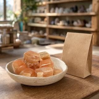 Calcite Honey Tumbled Stones in a ceramic bowl on a shop counter