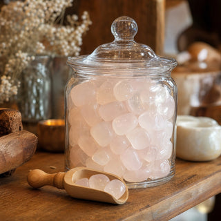 Calcite Mangano A Tumbled Stones in a glass apothecary jar with a scoop