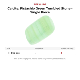 Calcite, Pistachio Green Tumbled Stone - Single Piece size guide: stone size and number of stones per bag