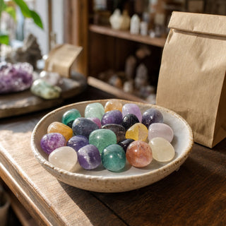 Candy Fluorite Tumbled Stones in a ceramic bowl on a shop counter