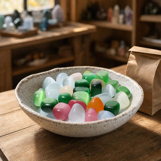 Cat's Eye Tumbled Stones (Synthetic) in a ceramic bowl on a shop counter