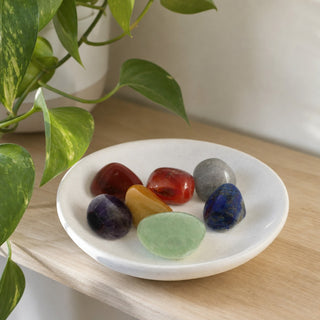 Chakra Tumbled - In Velvet Bag in a stoneware dish on a shop shelf