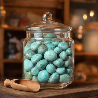 Chrysocolla Light A Tumbled Stones - Peru in a glass apothecary jar with a scoop