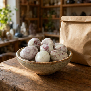 Cinnabarite Tumbled Stones - Medium in a ceramic bowl on a shop counter