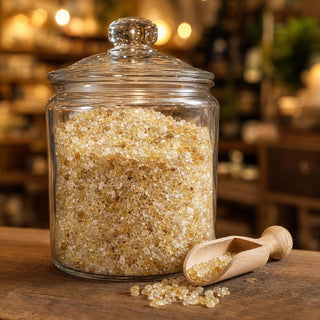Citrine and Quartz Tumbled Stones - Tiny (Enhanced) in a glass apothecary jar with a scoop