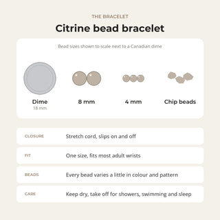 Citrine bead bracelet card: bead sizes shown next to a Canadian dime, closure, fit and care