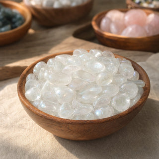 Rainbow Aura Clear Quartz Tumbled Stones (Enhanced) in a wooden bowl on a boutique display table
