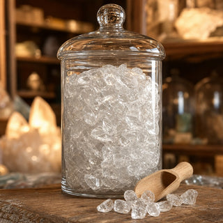 Clear Quartz B Tumbled Stones - Semi-Polished (Assorted) in a glass apothecary jar with a scoop