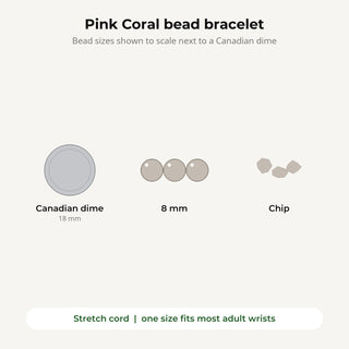Pink Coral bead bracelet bead sizes shown to scale next to a Canadian dime