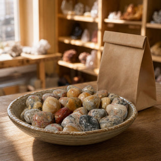 Crazy Lace Agate Tumbled Stone in a ceramic bowl on a shop counter