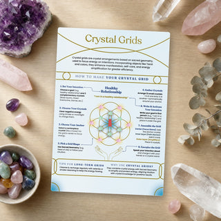 Crystal Grids QuickStudy Guide laid out with crystals and props
