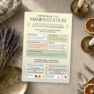 Crystals for Manifestation QuickStudy Guide laid out with crystals and props
