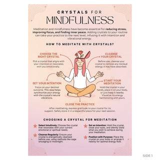 Crystals for mindfulness guide front: meditating figure with five steps for meditating with crystals