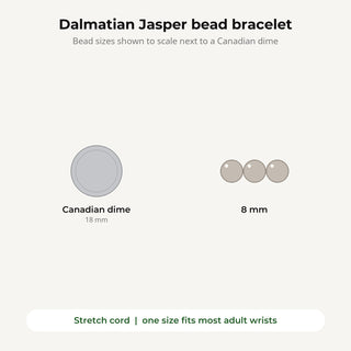 Dalmatian Jasper bead bracelet bead sizes shown to scale next to a Canadian dime