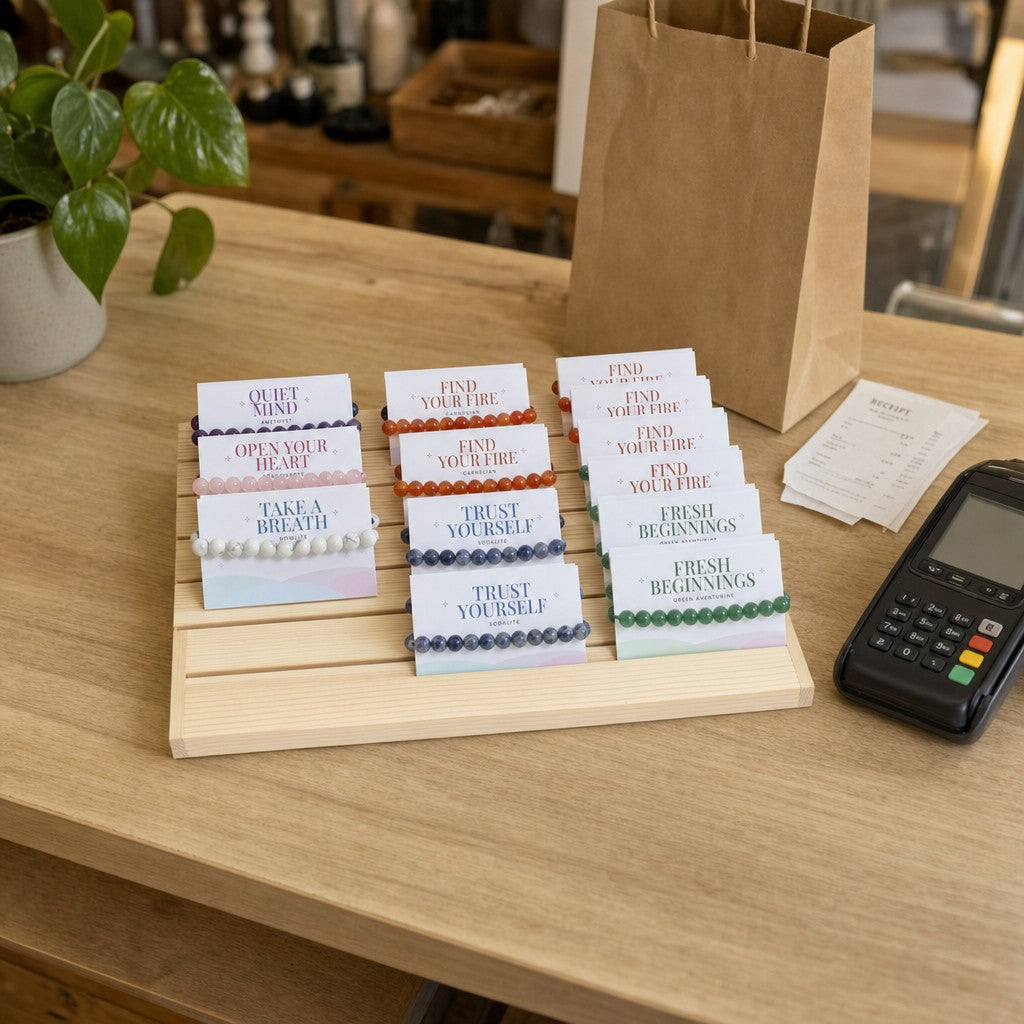 Overhead view of the Intention Bracelet Display Kit on a light wood shop counter beside a card terminal and paper bag.
