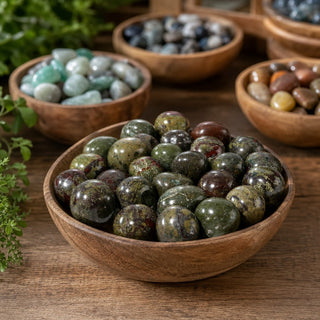 Dragon Blood Tumbled Stone in a wooden bowl on a boutique display table
