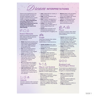 Dream interpretations guide side 1: natural elements, animals, people, objects, places and emotional states