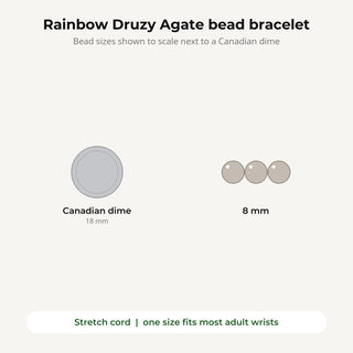 Rainbow Druzy Agate bead bracelet bead sizes shown to scale next to a Canadian dime