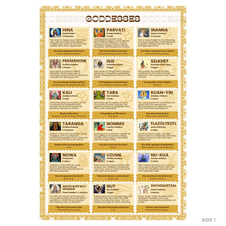 Goddesses guide front: 18 illustrated goddess cards on gold, including Hina, Parvati, Isis, Kali and Kuan-Yin