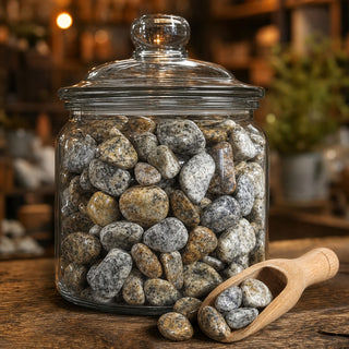Granite Tumbled Stones - 11kg in a glass apothecary jar with a scoop