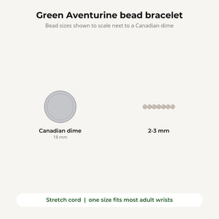 Green Aventurine bead bracelet bead sizes shown to scale next to a Canadian dime