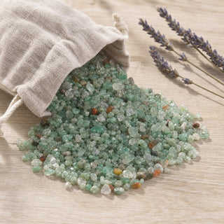 Green Aventurine Tumbled Stones - Assorted Tiny spilling from a linen pouch