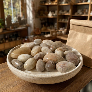 Gray Moonstone Tumbled Stone in a ceramic bowl on a shop counter