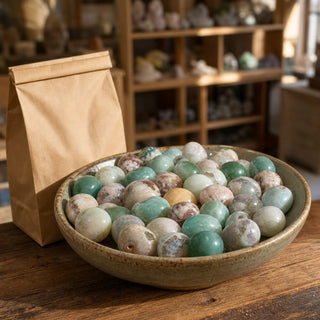 Green Flower Agate Tumbled Stone in a ceramic bowl on a shop counter