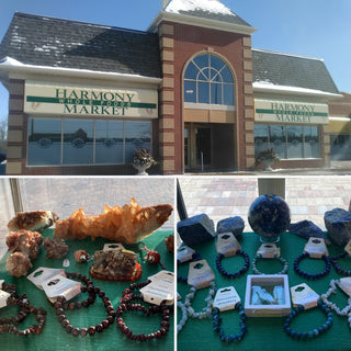Harmony Whole Foods Market storefront in Orangeville and two of its crystal display cases stocked from Stonebridge Imports